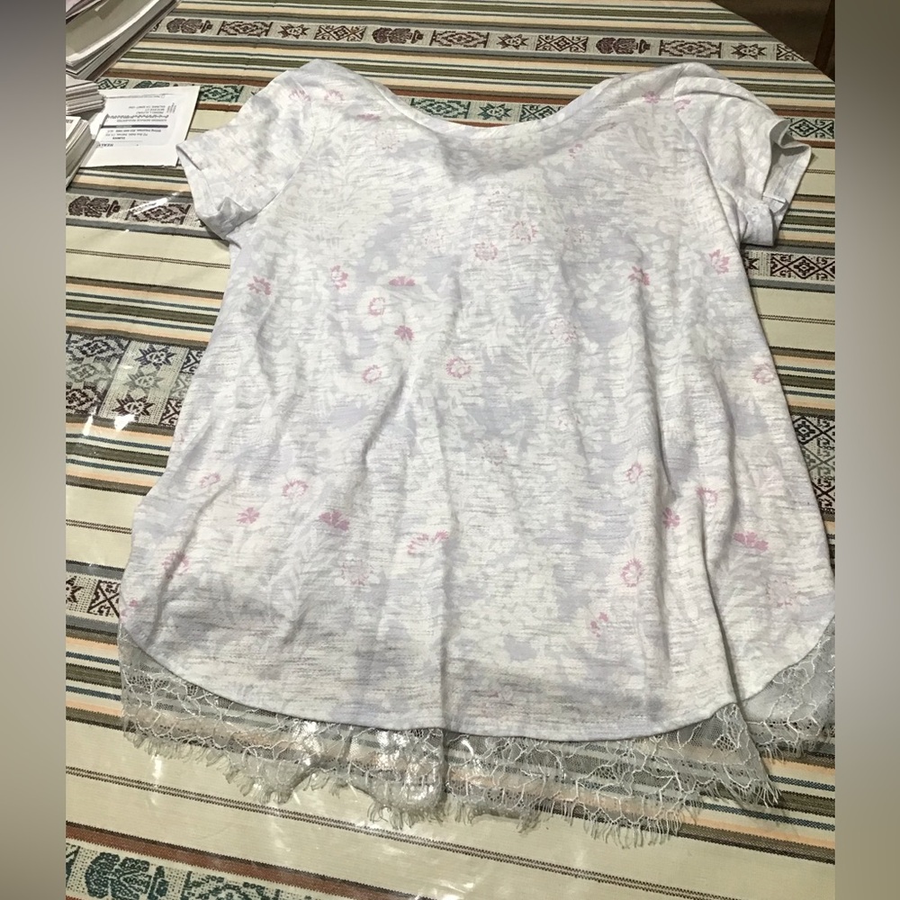 LC Lauren Conrad Floral Lace Trim Top - White, lavender & pink